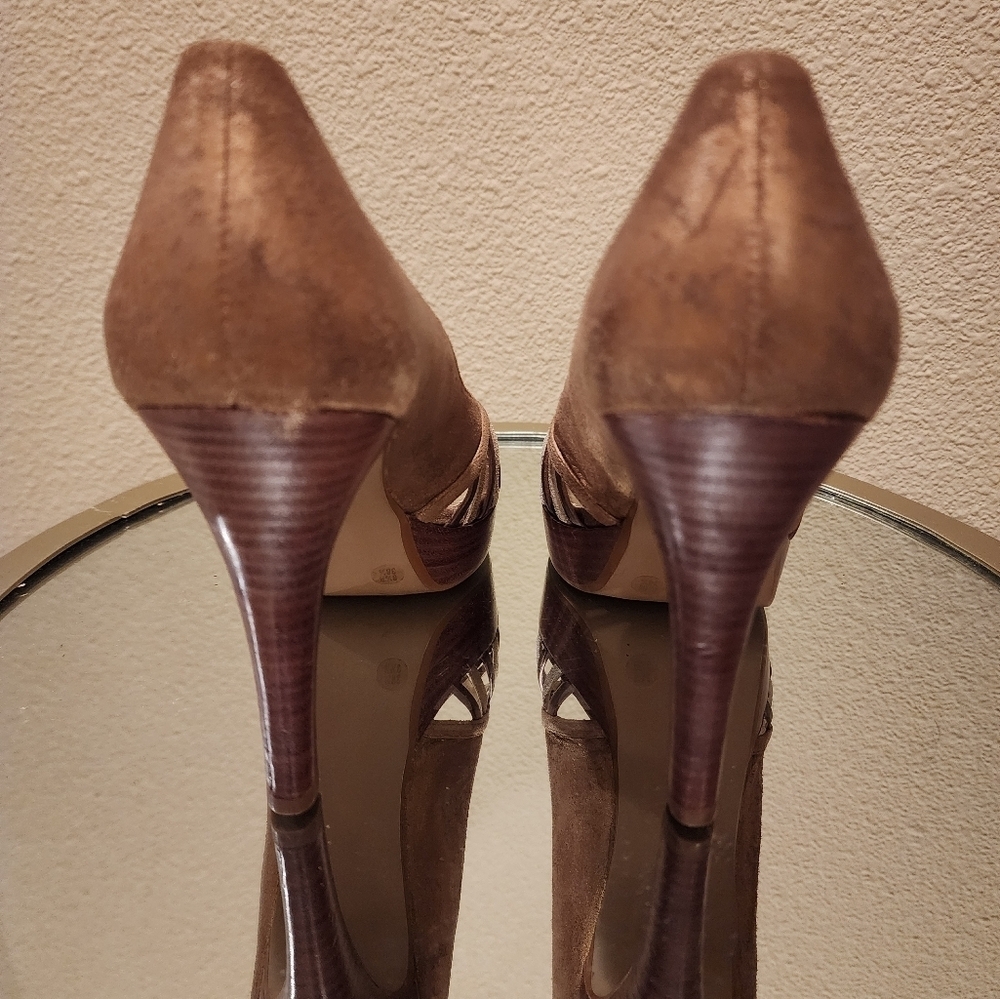 Jessica Simpson Leather Brown Gold Silver Heels Size 8.5B - Picture 4 of 7
